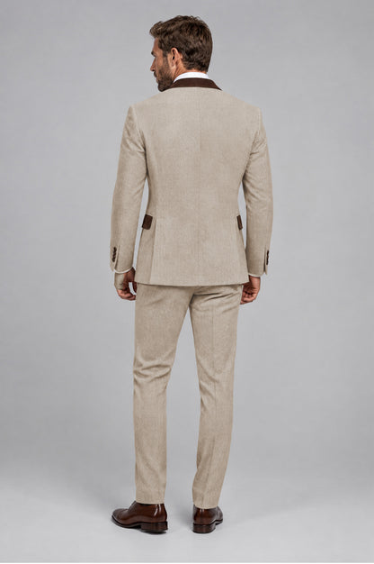 Close-up of Savile Men's Khaki suit jacket showcasing brown contrast notch lapel, chest pocket, and two-button closure