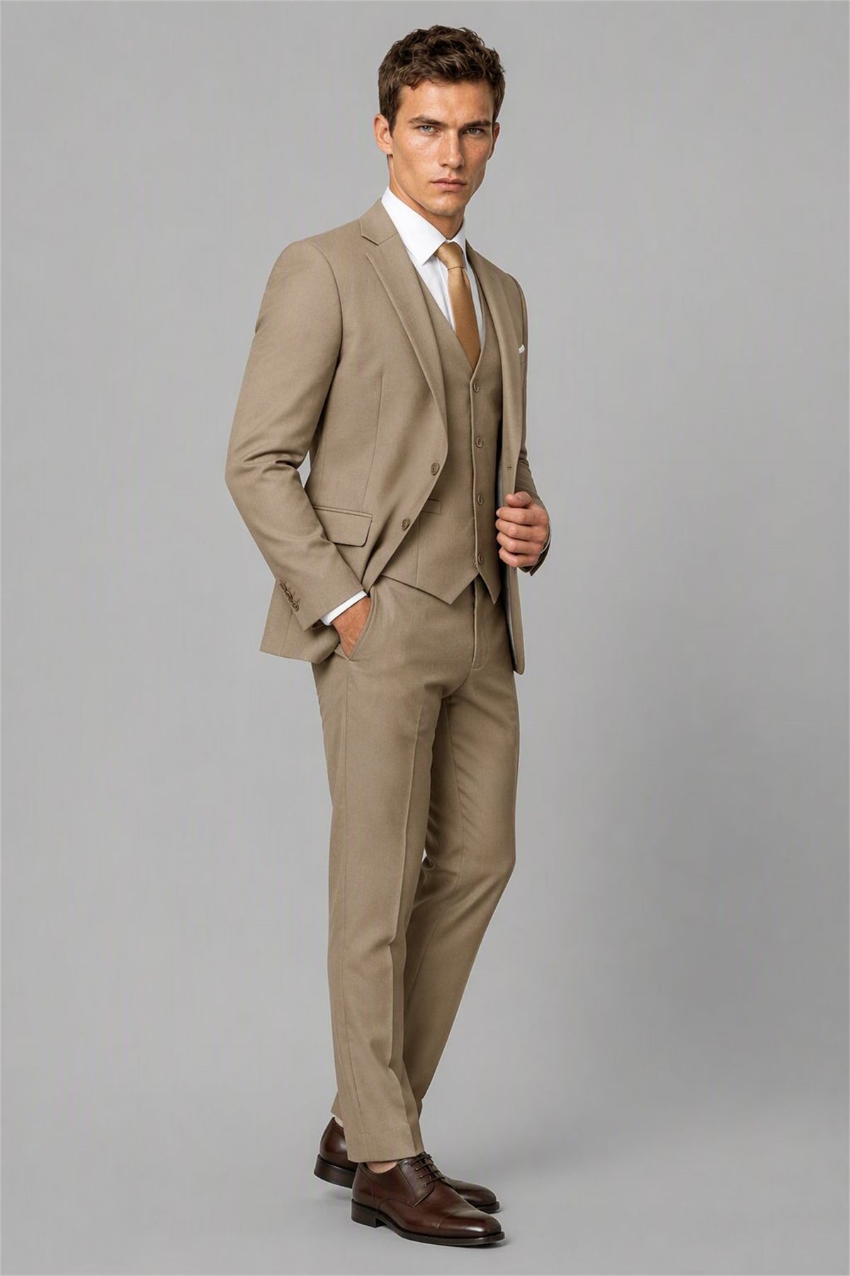 Men's Khaki 3-Piece Slim Fit Suit - Front Full Length | Savile AA0002