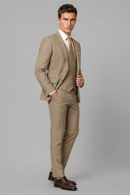 Men's Khaki 3-Piece Slim Fit Suit - Front Full Length | Savile AA0002