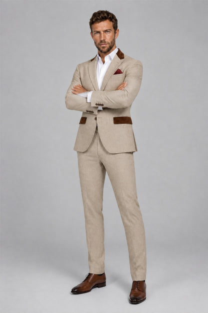 Full length front view of Savile Men's Khaki 2-piece suit set showing clean trouser break and modern silhouette