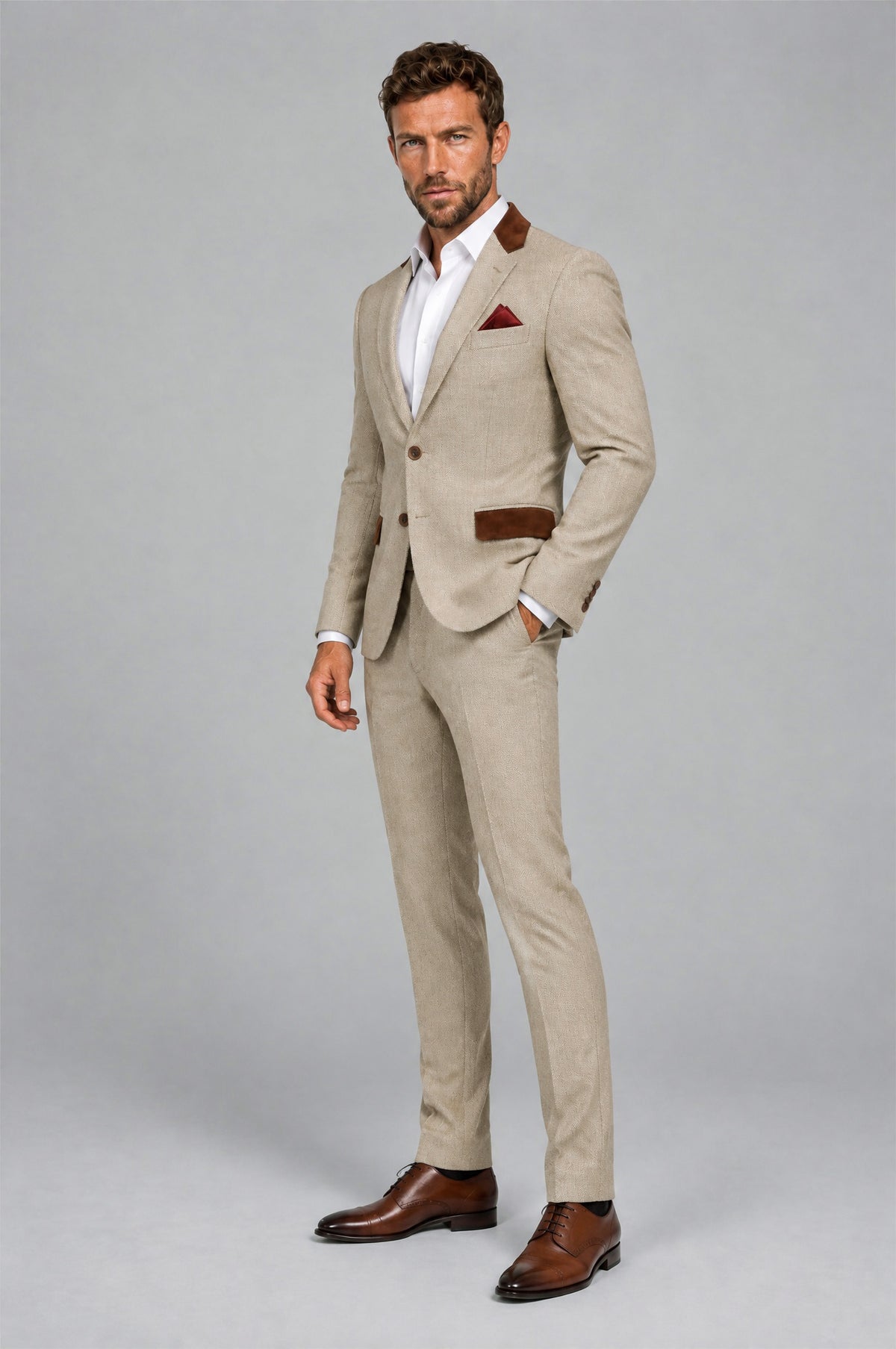 Back view of Savile Men's Khaki 2-piece suit set showing back shoulder construction and center vent
