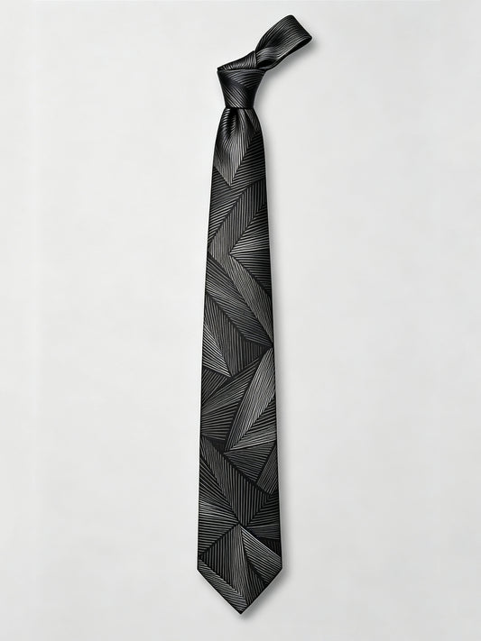 Savile Men's Black & Silver Geometric Line Jacquard Necktie – Formal Business Tie