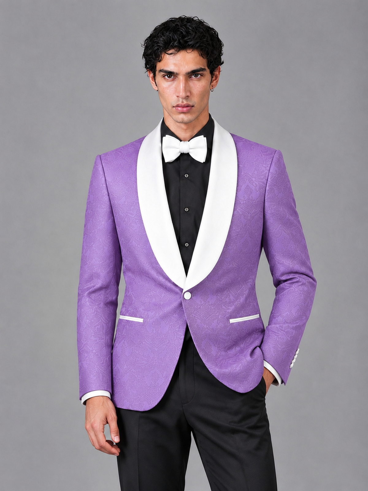 Savile Men's Lavender Jacquard White Shawl Lapel 2-Piece Tuxedo Suit Set | Jacket & Trousers - Lavender - Lavender (1)