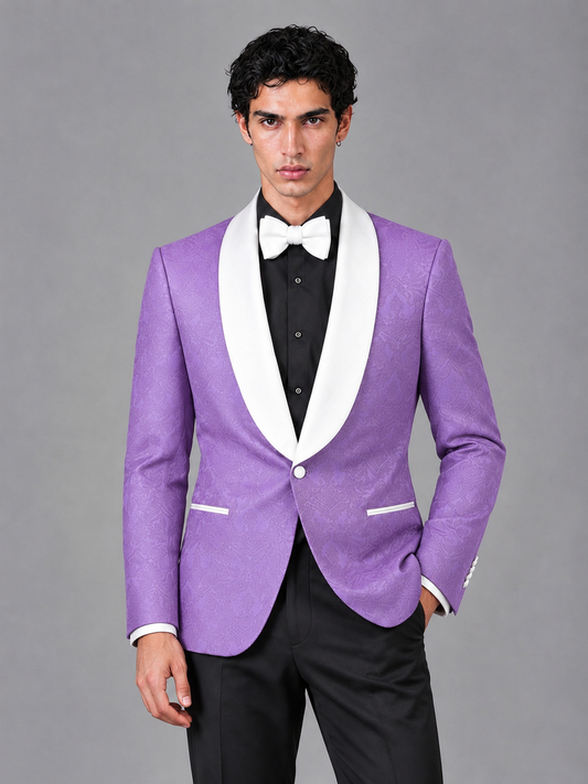 Savile Men's Lavender Jacquard White Shawl Lapel 2-Piece Tuxedo Suit Set | Jacket & Trousers - Lavender - Lavender (1)