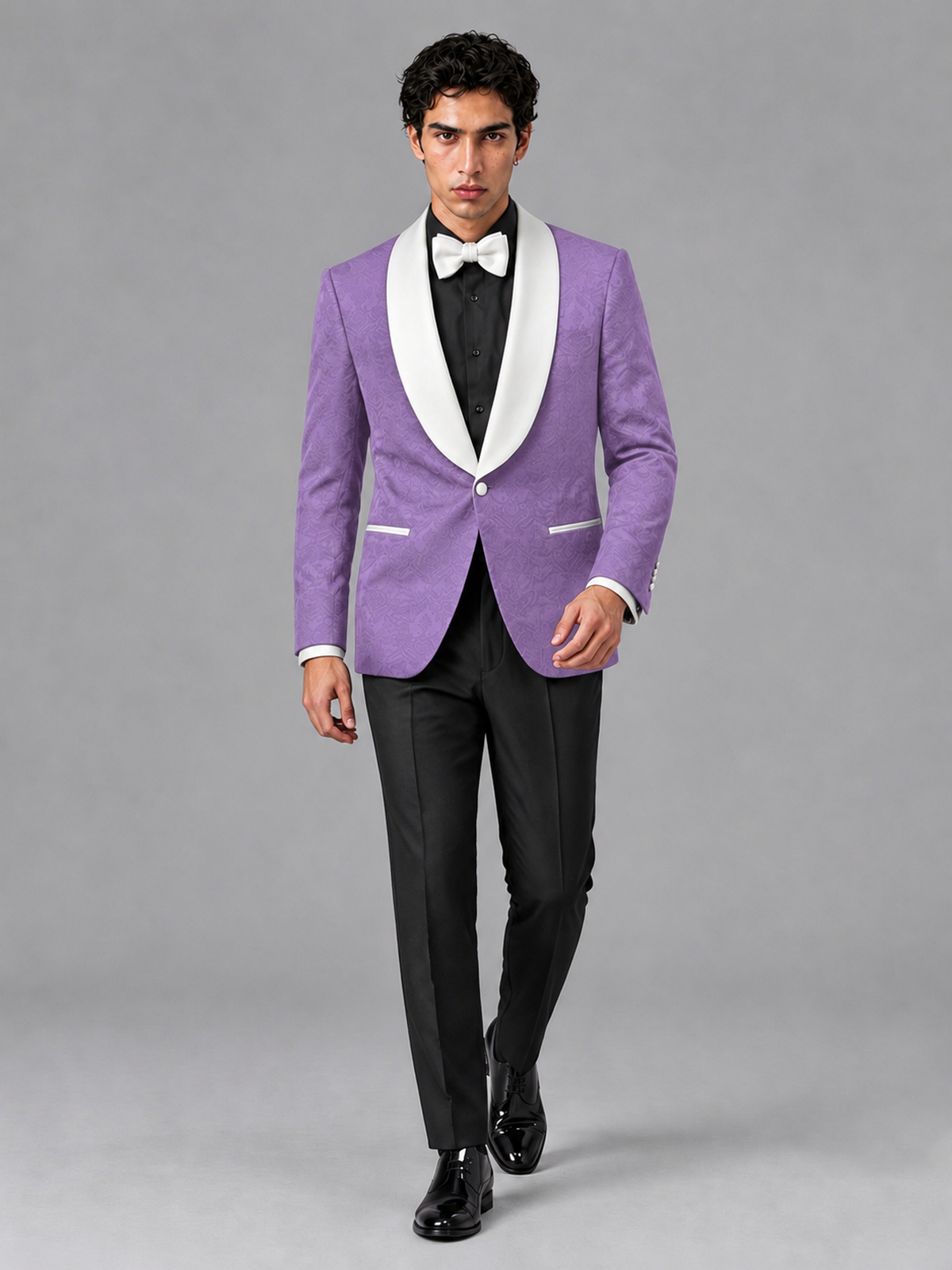 Savile Men's Lavender Jacquard White Shawl Lapel 2-Piece Tuxedo Suit Set | Jacket & Trousers - Lavender - Lavender (3)