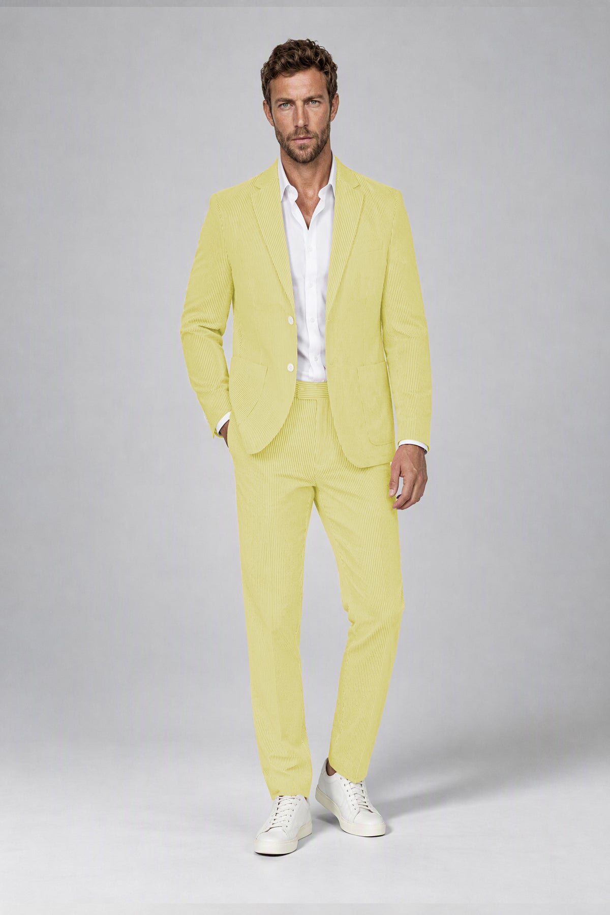 Savile Men's Lemon Yellow Striped 2-Piece Suit Set – Notch Lapel Blazer & Tailored Trousers - Lemon Yellow - Lemon_Yellow(2)