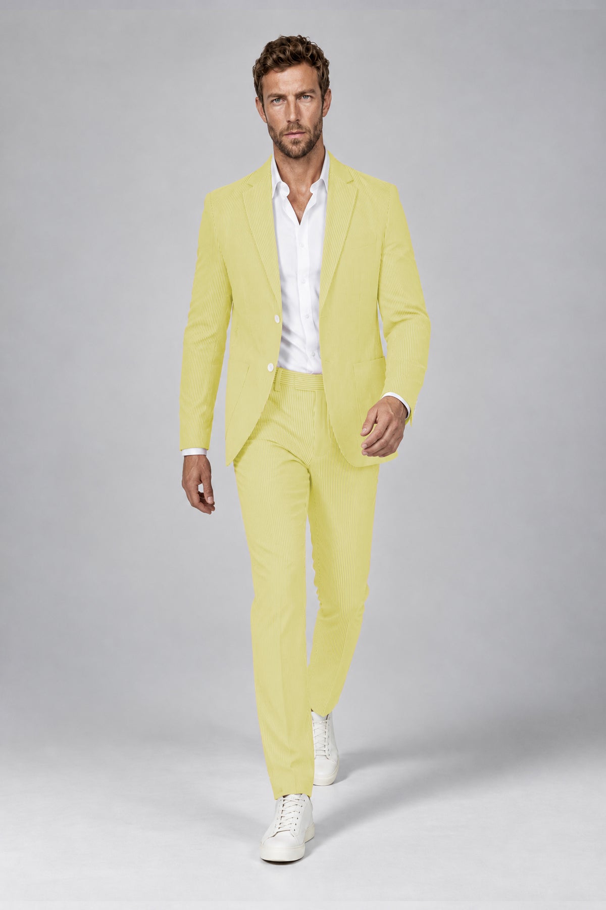 Savile Men's Lemon Yellow Striped 2-Piece Suit Set – Notch Lapel Blazer & Tailored Trousers - Lemon Yellow - Lemon_Yellow(4)