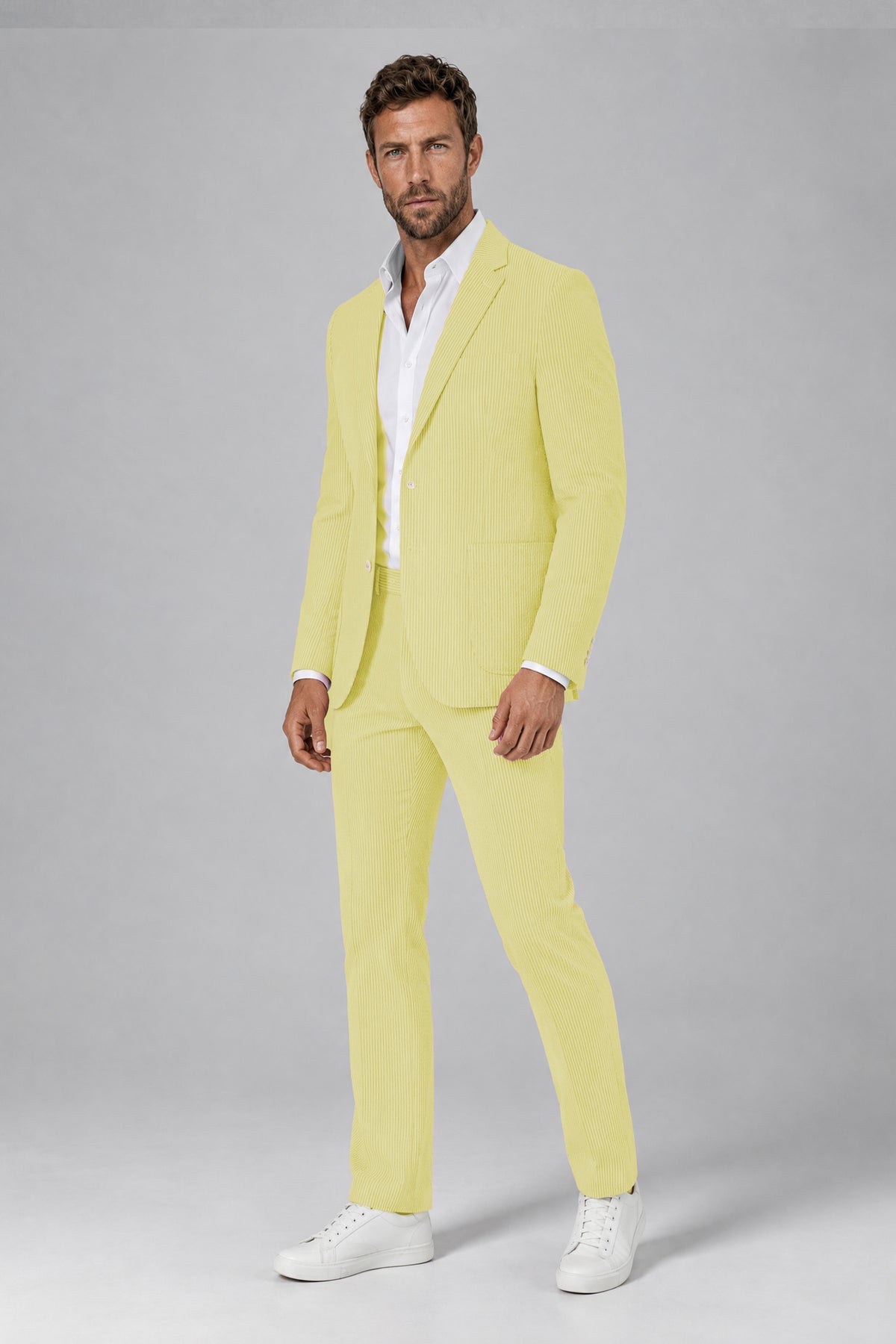 Savile Men's Lemon Yellow Striped 2-Piece Suit Set – Notch Lapel Blazer & Tailored Trousers - Lemon Yellow - Lemon_Yellow(5)