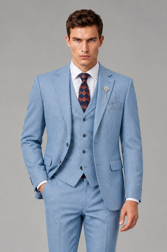 Savile Men's Grey Notch Lapel 3-Piece Suit Set | Jacket, Vest & Trousers - Light Blue - Light Blue
