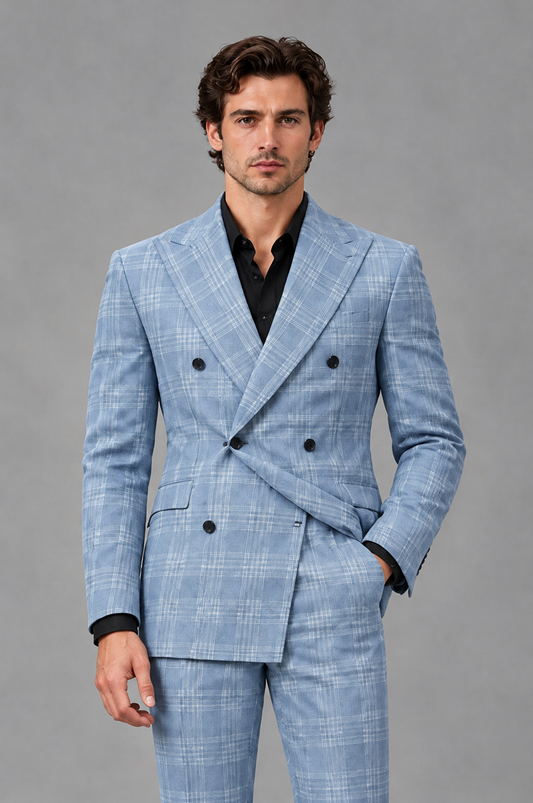 Savile Men's Rust Plaid 2-Piece Double-Breasted Suit – Peak Lapel Slim-Fit Jacket & Trousers Set - Light Blue - Light Blue