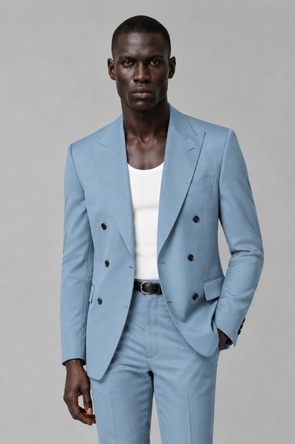Savile Men's Light Blue Double Breasted Slim Fit 2-Piece Suit Set – Blazer & Trousers | Wedding Gala Formal - Light Blue - Light Blue_01