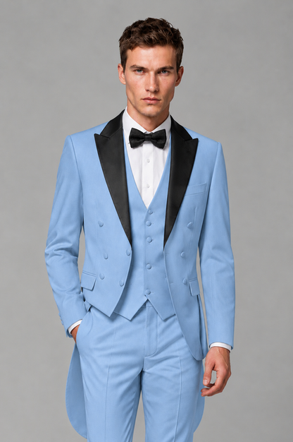 Savile Light Blue 3-Piece Tailcoat Tuxedo Suit with Black Peak Lapel - Light Blue - Light Blue_01