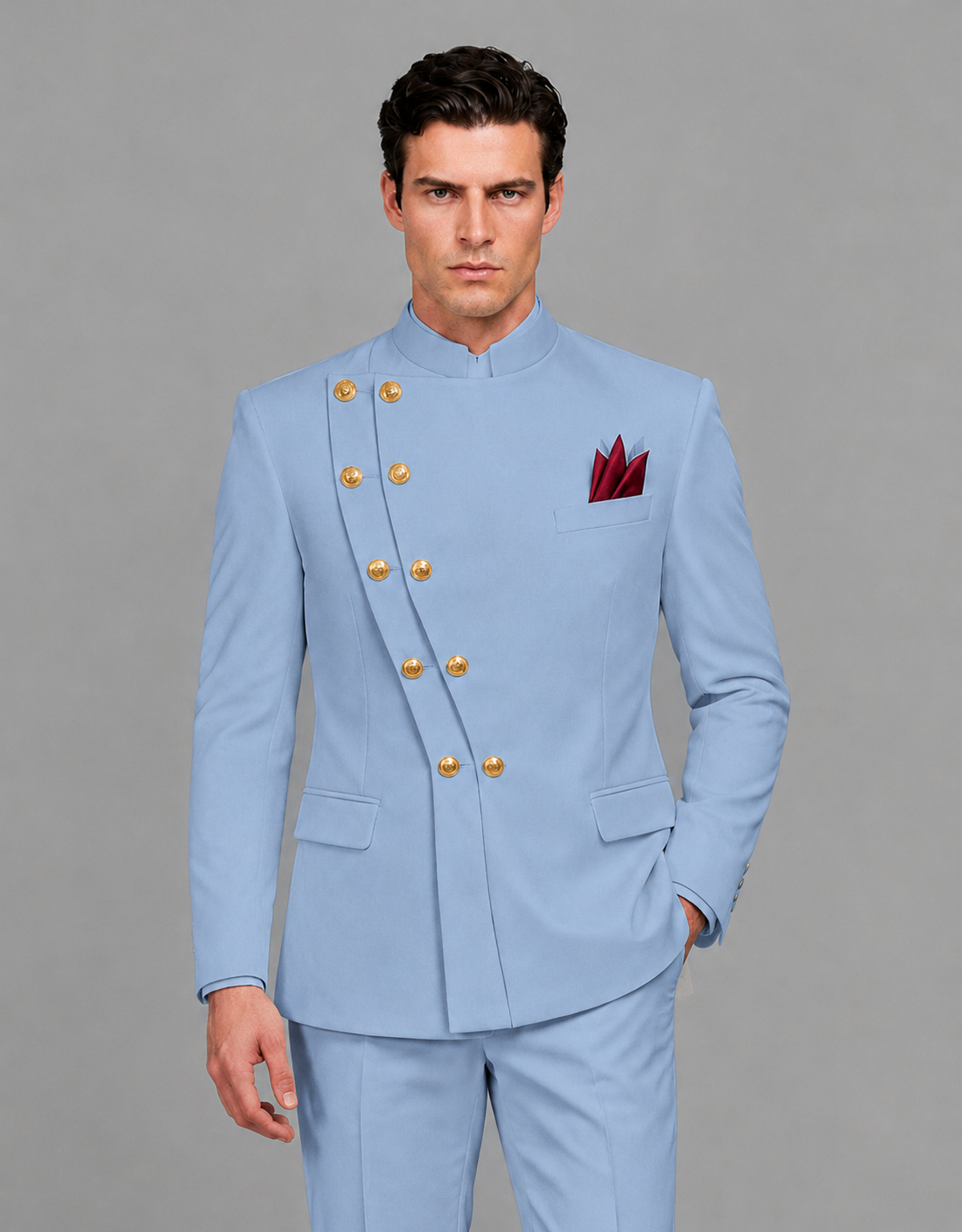 BOLODOO Men's Light Blue Asymmetrical Mandarin Collar Tuxedo Suit – Modern 2-Piece Gold Button Wedding, Prom & Gala Set - Light Blue - Light Blue_01