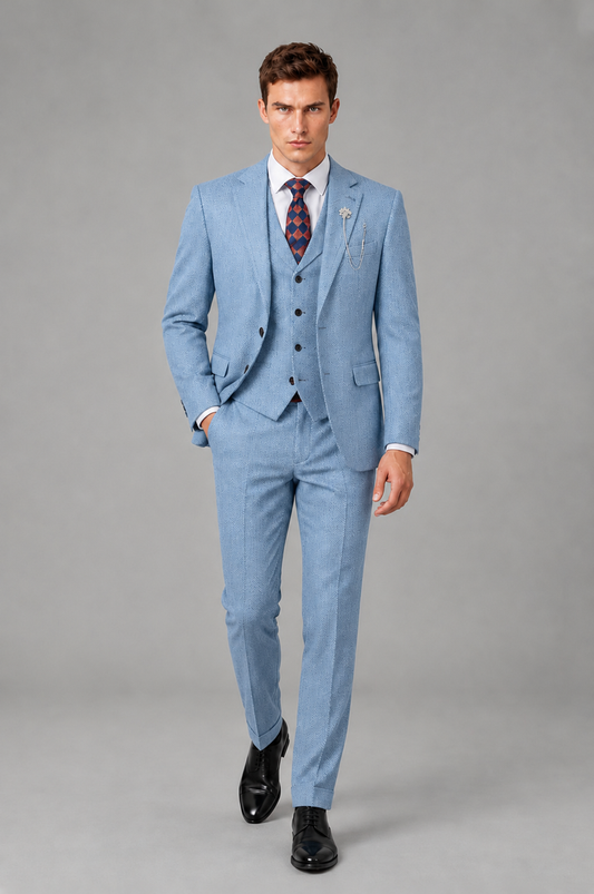 Savile Men's Grey Notch Lapel 3-Piece Suit Set | Jacket, Vest & Trousers - Light Blue - Light Blue