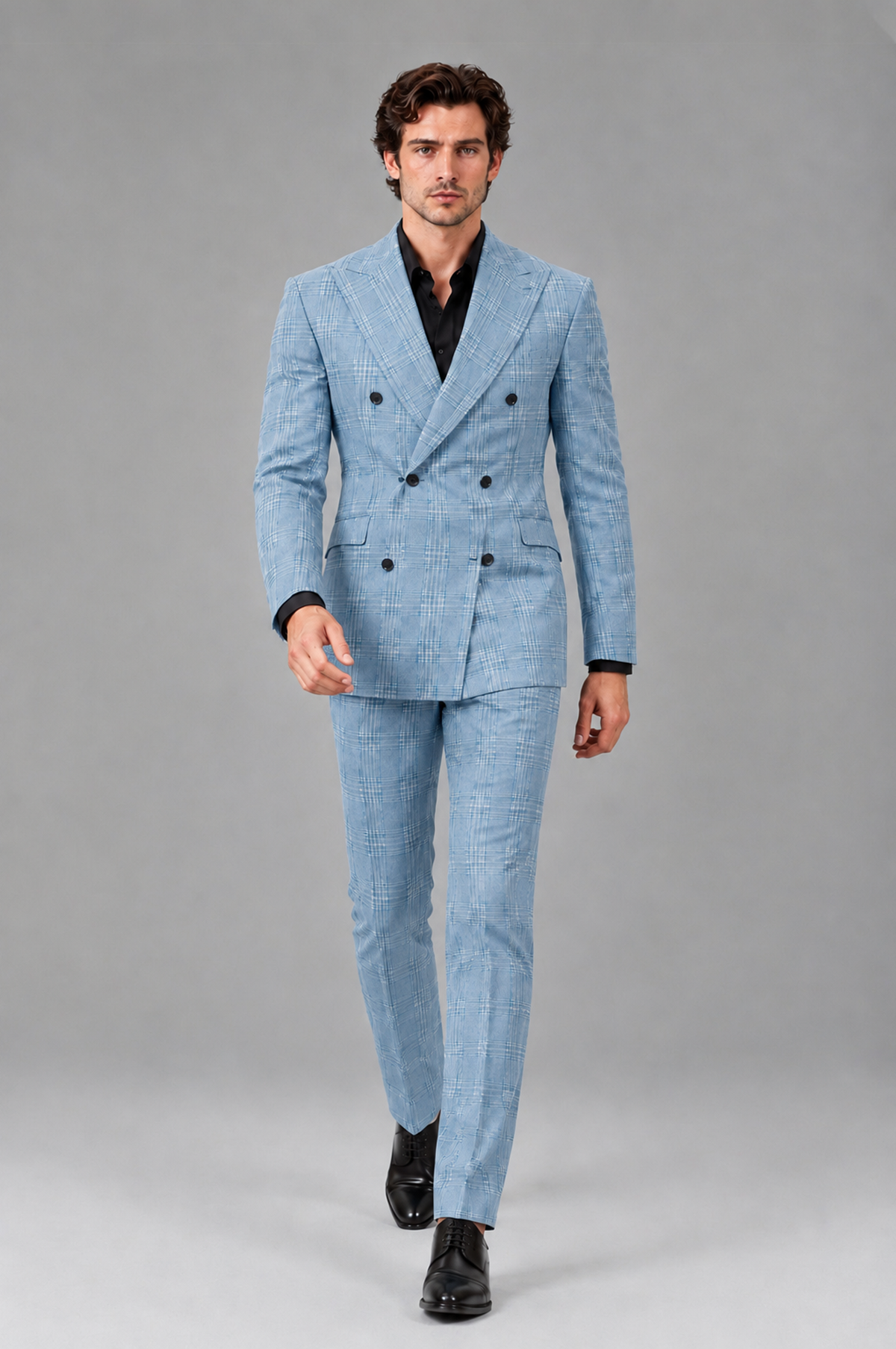 Savile Men's Rust Plaid 2-Piece Double-Breasted Suit – Peak Lapel Slim-Fit Jacket & Trousers Set - Light Blue - Light Blue