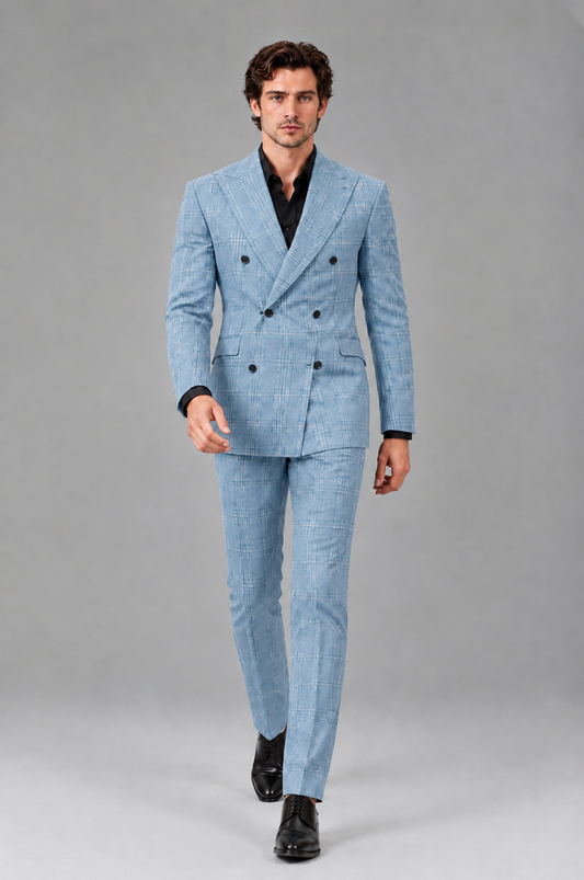 Savile Men's Rust Plaid 2-Piece Double-Breasted Suit – Peak Lapel Slim-Fit Jacket & Trousers Set - Light Blue - Light Blue