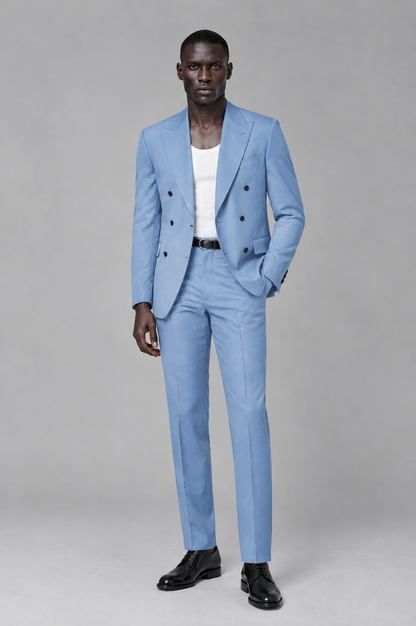 Savile Men's Light Blue Double Breasted Slim Fit 2-Piece Suit Set – Blazer & Trousers | Wedding Gala Formal - Light Blue - Light Blue_02
