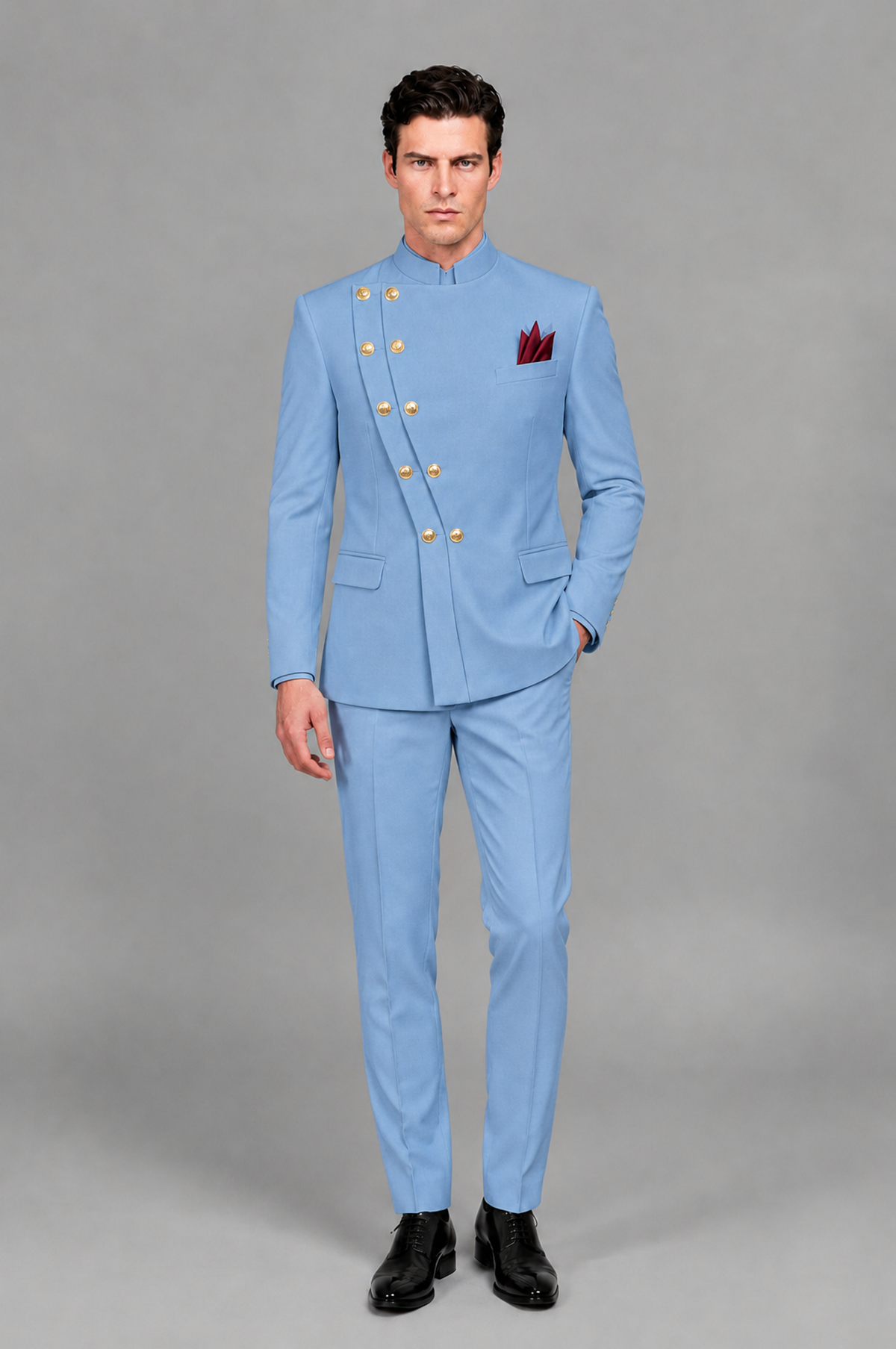 BOLODOO Men's Light Blue Asymmetrical Mandarin Collar Tuxedo Suit – Modern 2-Piece Gold Button Wedding, Prom & Gala Set - Light Blue - Light Blue_02