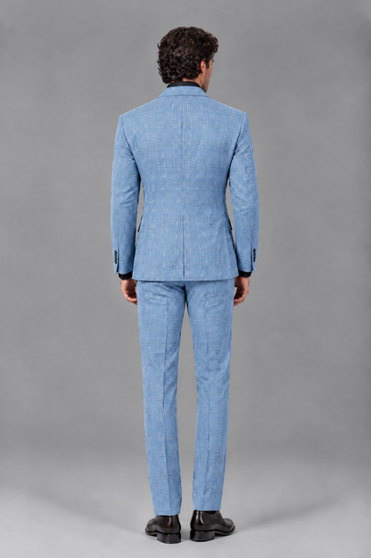 Savile Men's Rust Plaid 2-Piece Double-Breasted Suit – Peak Lapel Slim-Fit Jacket & Trousers Set - Light Blue - Light Blue