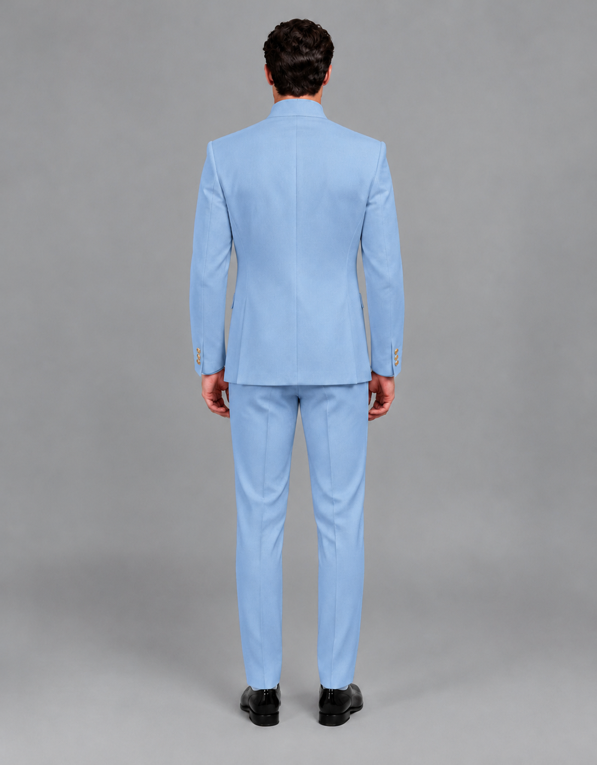 BOLODOO Men's Light Blue Asymmetrical Mandarin Collar Tuxedo Suit – Modern 2-Piece Gold Button Wedding, Prom & Gala Set - Light Blue - Light Blue_03