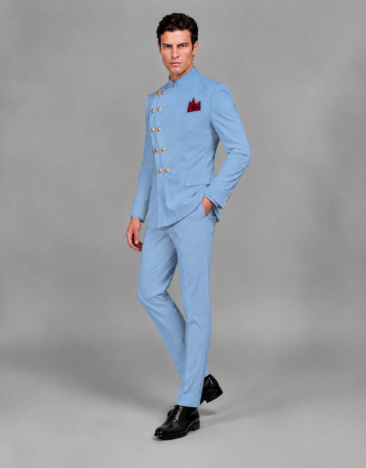 BOLODOO Men's Light Blue Asymmetrical Mandarin Collar Tuxedo Suit – Modern 2-Piece Gold Button Wedding, Prom & Gala Set - Light Blue - Light Blue_04