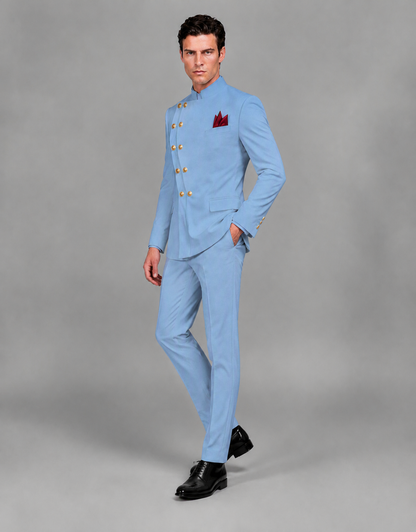 BOLODOO Men's Light Blue Asymmetrical Mandarin Collar Tuxedo Suit – Modern 2-Piece Gold Button Wedding, Prom & Gala Set - Light Blue - Light Blue_04