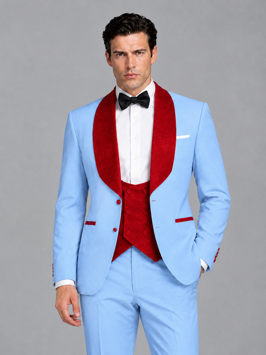 Savile Men's Light Blue 3-Piece Tuxedo Suit Set – Contrast Red Shawl Lapel Blazer, Red Waistcoat & Trousers - SUC020 - Light_Blue