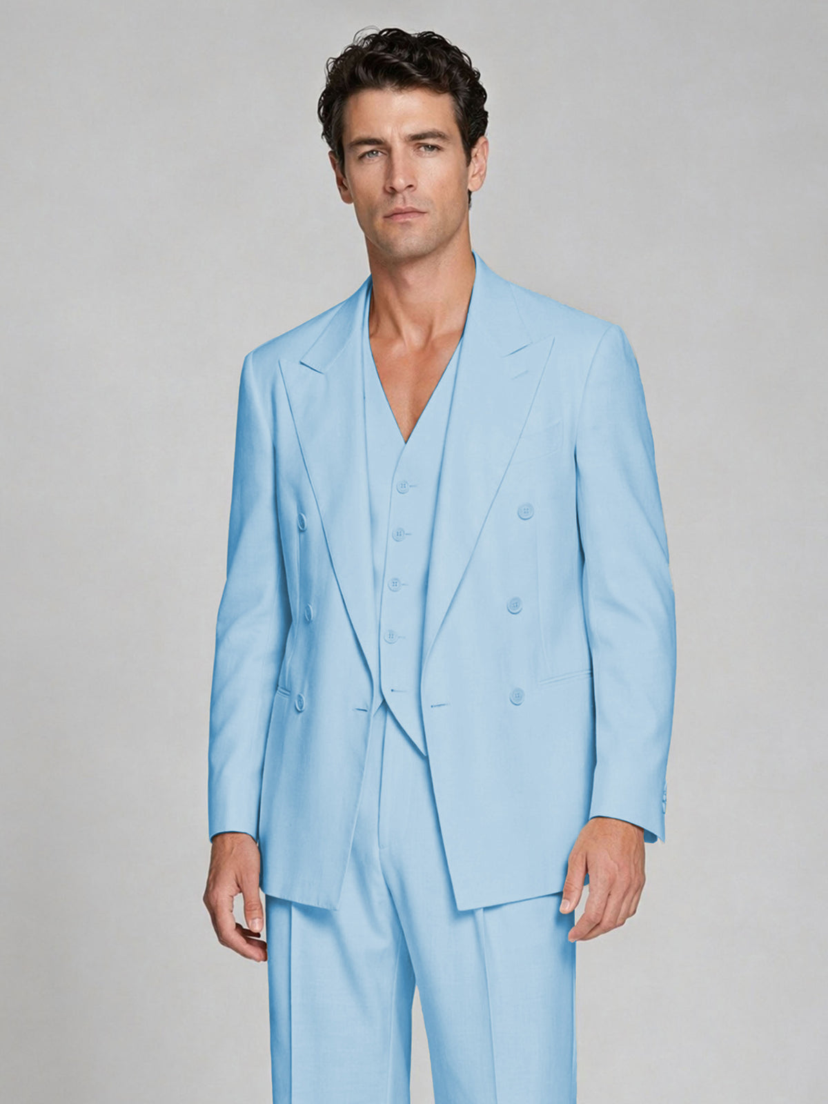 Men's Light Blue Double-Breasted 2-Piece Suit – Peak Lapel Wedding & Beach Formal Set with Vest - Light Blue
