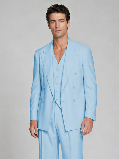Men's Light Blue Double-Breasted 2-Piece Suit – Peak Lapel Wedding & Beach Formal Set with Vest - Light Blue