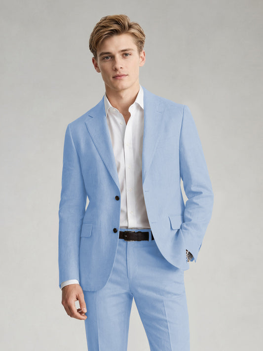 Savile Men's Sand Khaki Linen-Blend 2-Piece Suit Set – Two-Button Notch Lapel Slim-Fit Blazer & Slim Trousers - Light Blue - Light_Blue