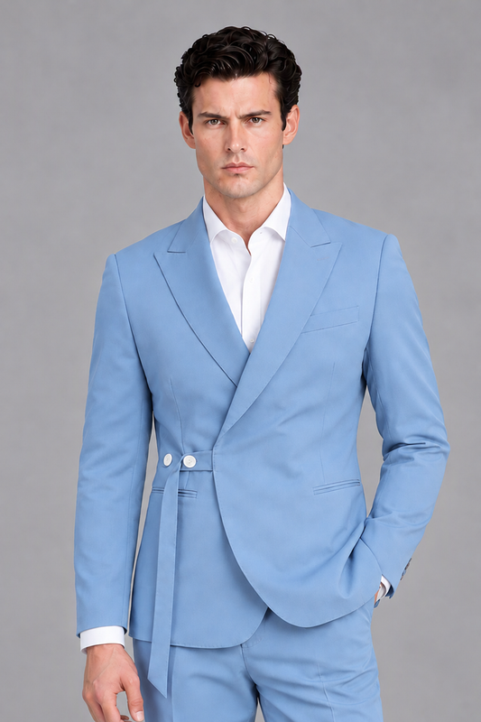 Savile Men's Modern Light Blue 2-Piece Wrap Suit Set – Peak Lapel Side-Button Blazer & Tailored Trousers - Light Blue - Light_Blue_1