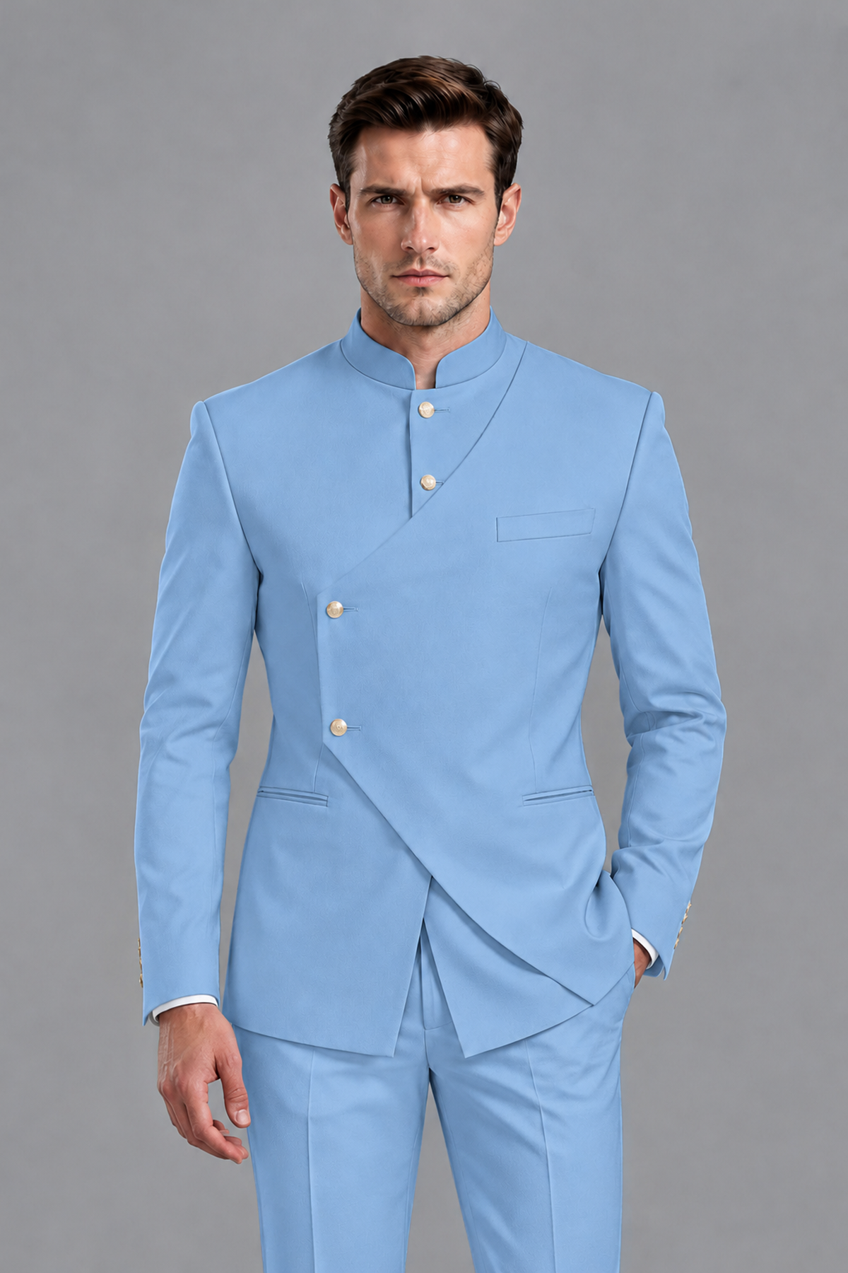 Savile Men's Light Blue Asymmetrical Mandarin Collar Tuxedo Suit – Modern 2-Piece Gold Button Wedding, Prom & Gala Set - Light Blue - Light Blue_1