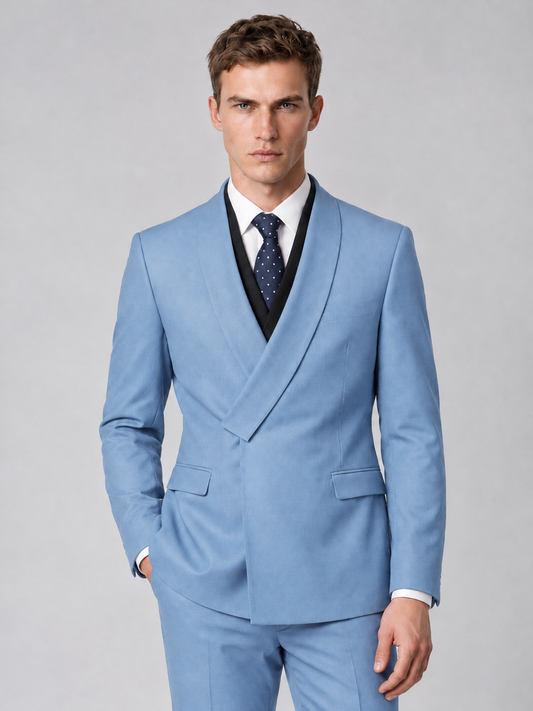 Savile Men's Light Blue Wrap Shawl Lapel 2-Piece Suit Set – Modern Jacket & Trousers - Light Blue - Light Blue_1