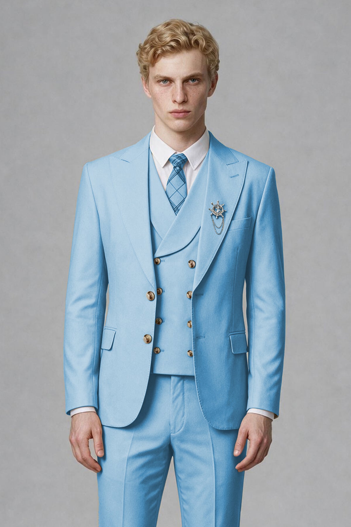 Savile Men's Light Blue Three-Piece Wedding Suit with Double-Breasted Waistcoat - Light Blue