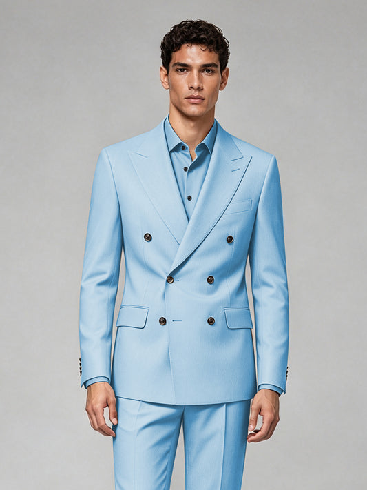 Savile Men's Light Blue Double-Breasted 2-Piece Suit Set – Blazer & Trousers - Light Blue