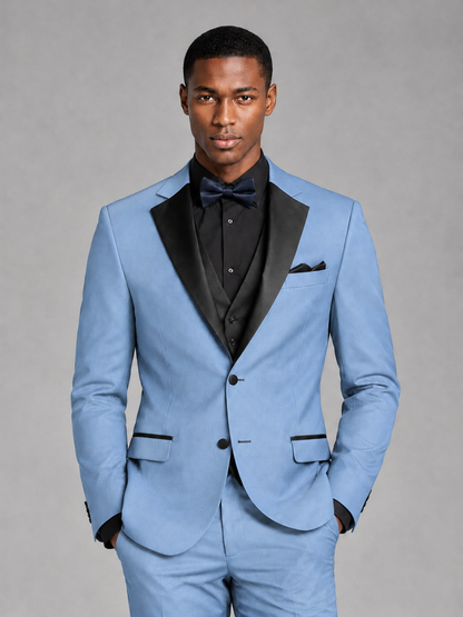 Savile Men's Light Blue Contrast Shawl Lapel Tuxedo Suit – 3-Piece Wedding, Prom & Black-Tie Formal Set - Light Blue - Light Blue_1