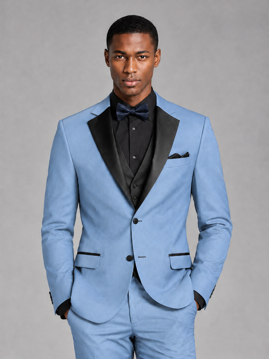 Savile Men's Light Blue Contrast Shawl Lapel Tuxedo Suit – 3-Piece Wedding, Prom & Black-Tie Formal Set - Light Blue - Light Blue_1