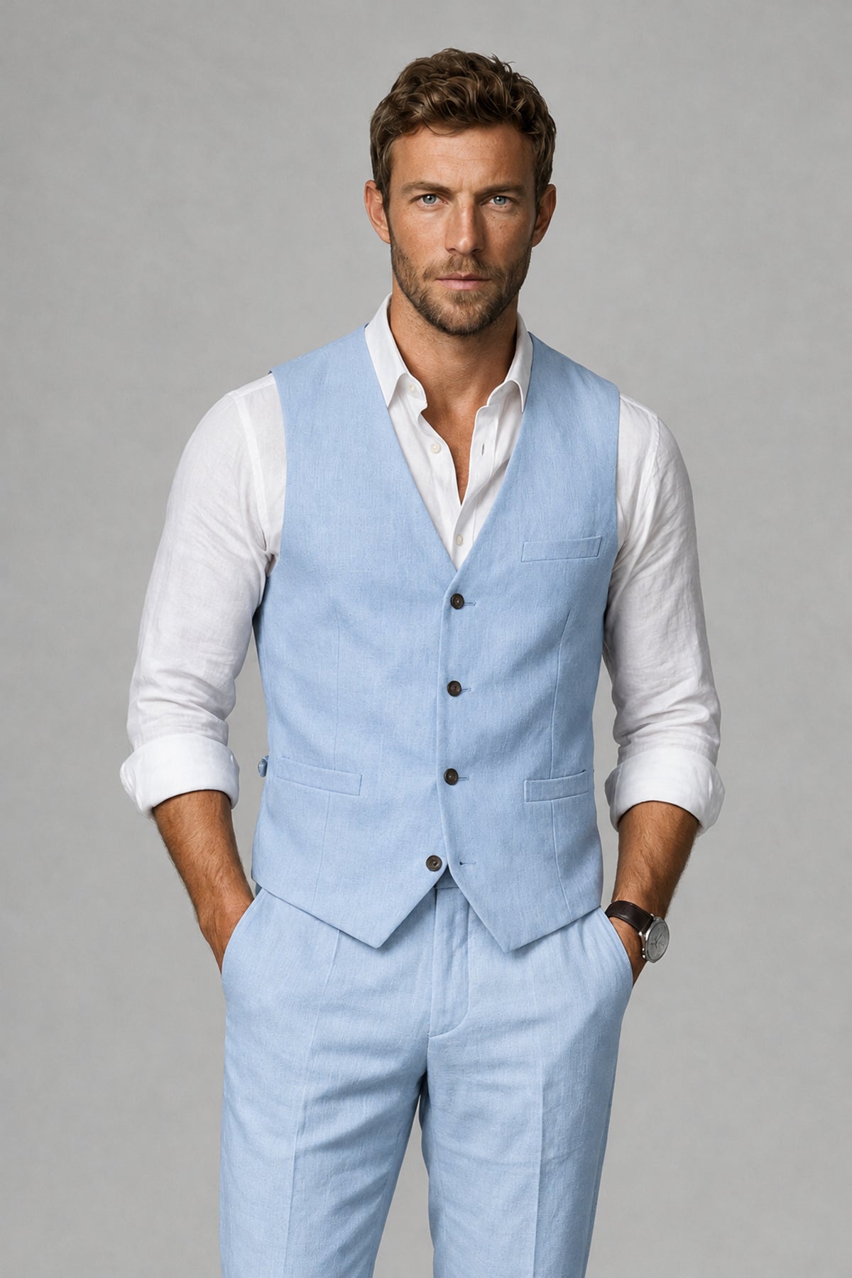 Men's Light Blue Linen Blend Single-Breasted V-Neck Suit Vest | Savile QX0101 - Light Blue