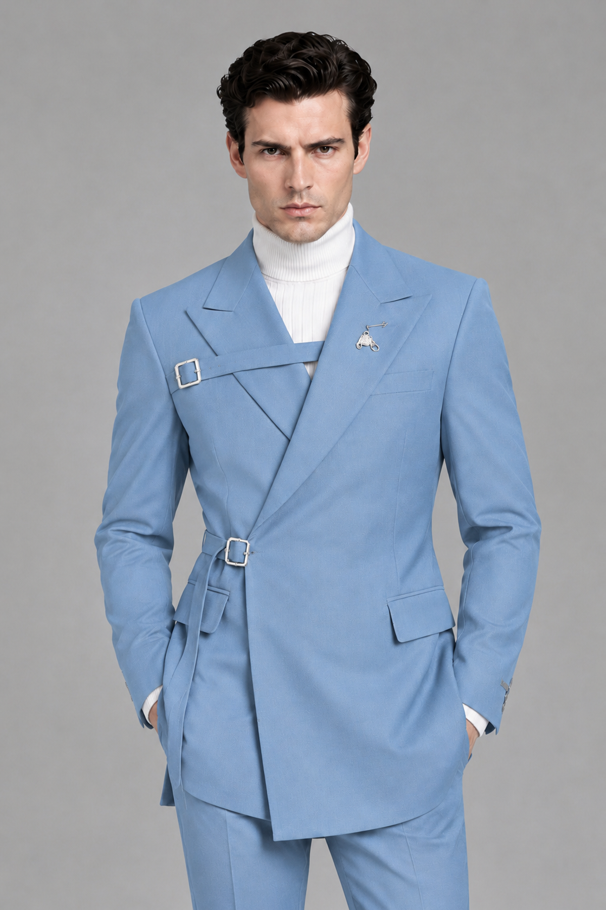 Savile Men's Light Blue Double Buckle Wrap Belted 2-Piece Suit Set – Peak Lapel Slim-Fit Jacket & Trousers - Light Blue - Light Blue_1