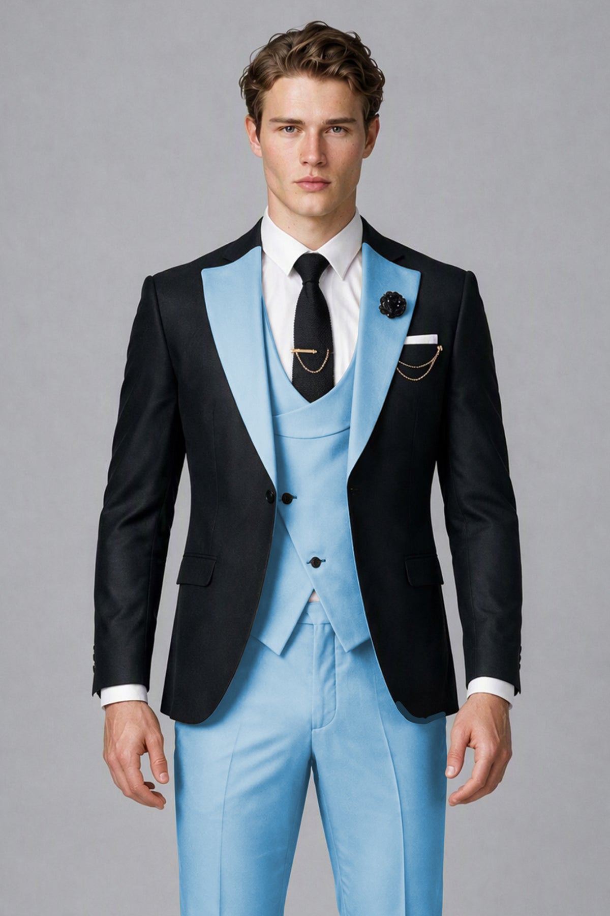 Savile Men's Black & Light Blue Three-Piece Wedding Suit - Light Blue