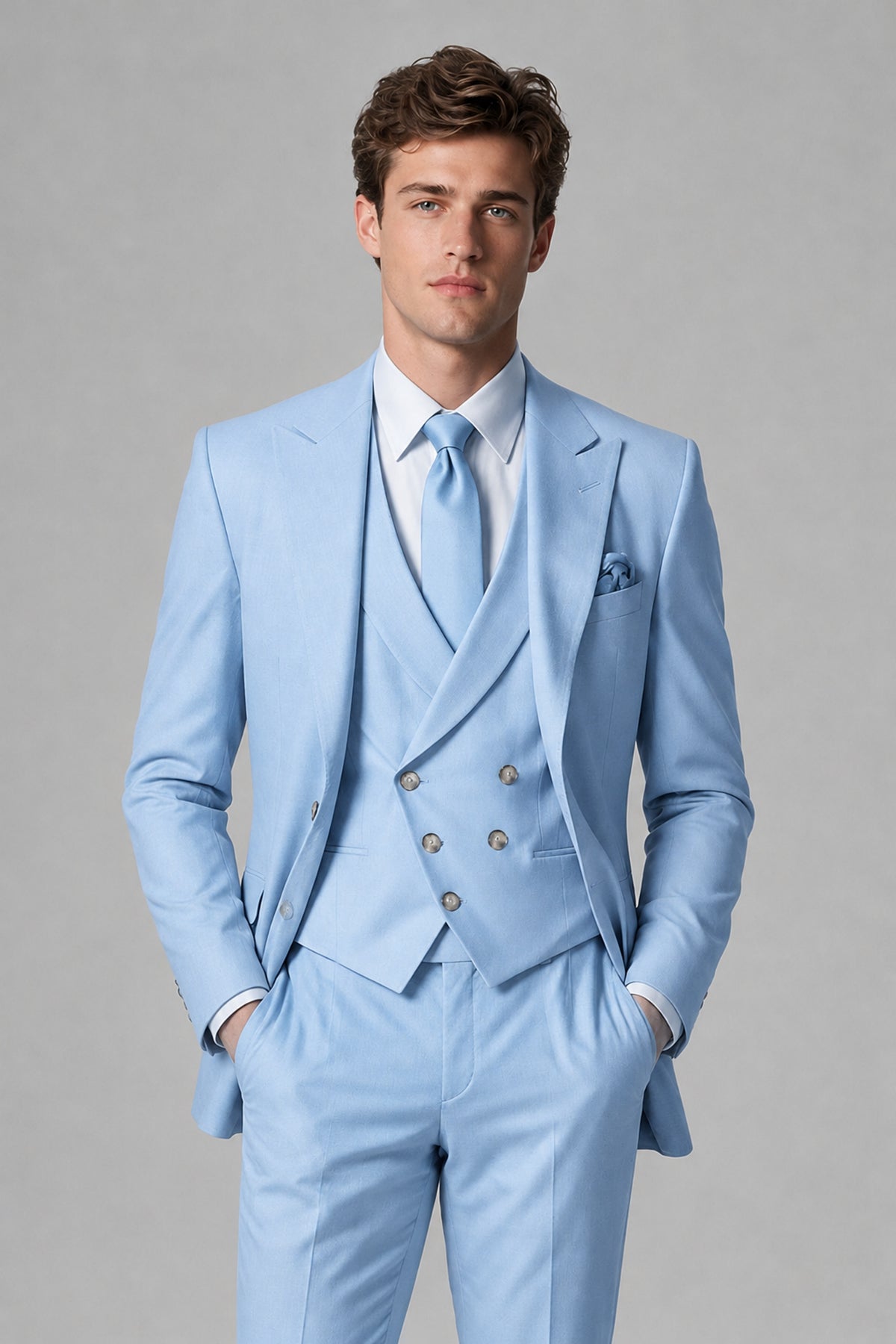 Savile Men's Dusty Light Blue 3-Piece Suit – Jacket, Vest & Trousers | QX0113 - Light Blue