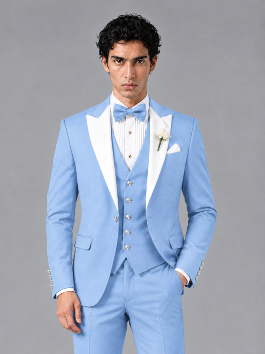 Savile Men's Light Blue Contrast White Peak Lapel 3-Piece Tuxedo Suit - Light_Blue