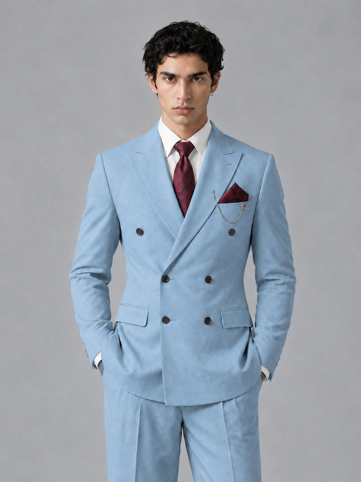 Savile Men's Light Blue Double-Breasted 2-Piece Suit Set – Peak Lapel Blazer & Pleated Wide-Leg Trousers - Light Blue - Light Blue_1