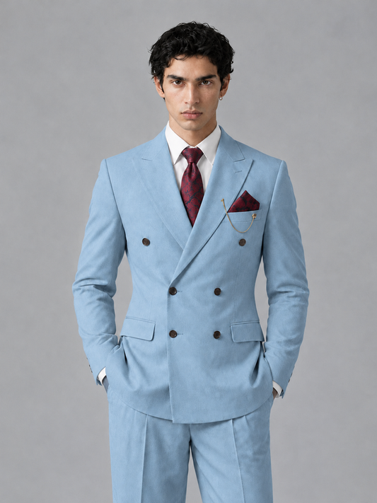 Savile Men's Light Blue Double-Breasted 2-Piece Suit Set – Peak Lapel Blazer & Pleated Wide-Leg Trousers - Light Blue - Light Blue_1