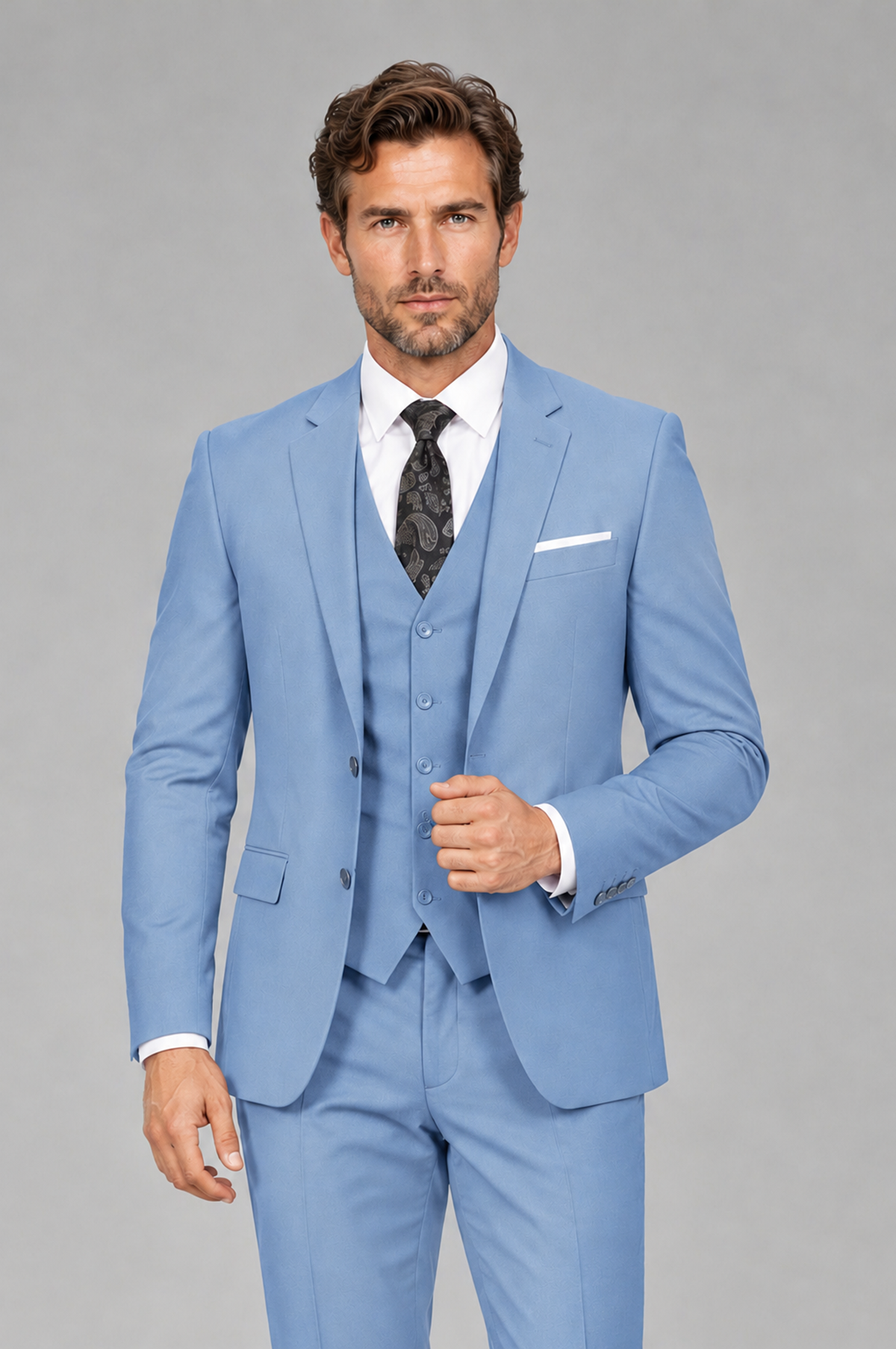 Savile Men's Light Blue 3-Piece Suit Set – Notch Lapel Blazer, Vest & Trousers - Light Blue - Light_Blue_1