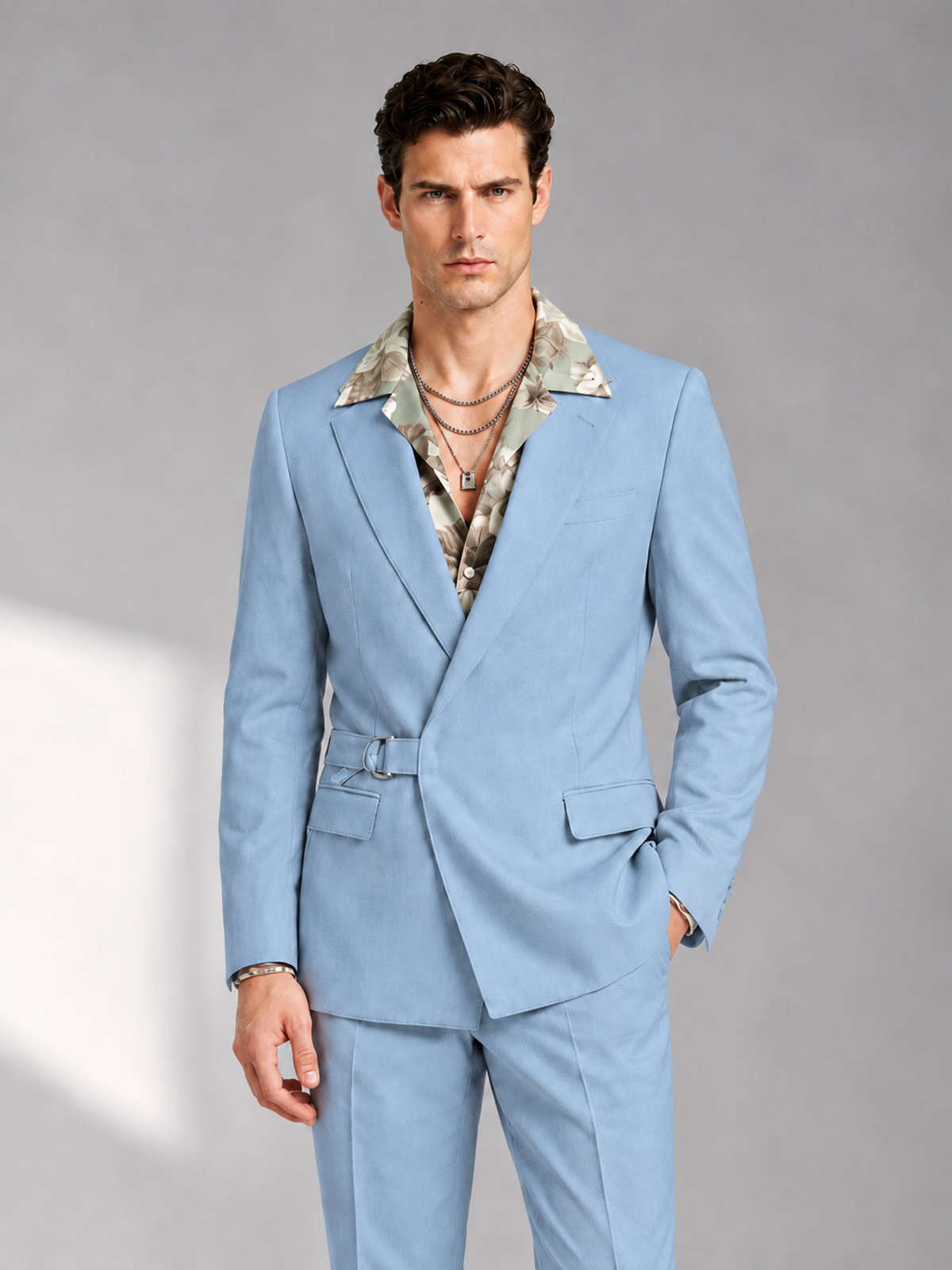 Savile Men's Light Blue Belted Wrap 2-Piece Suit – Peak Lapel Blazer & Tailored Trousers - SUC060 - Light Blue - Light Blue_1