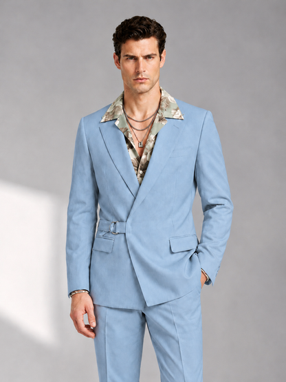 Savile Men's Light Blue Belted Wrap 2-Piece Suit – Peak Lapel Blazer & Tailored Trousers - SUC060 - Light Blue - Light Blue_1