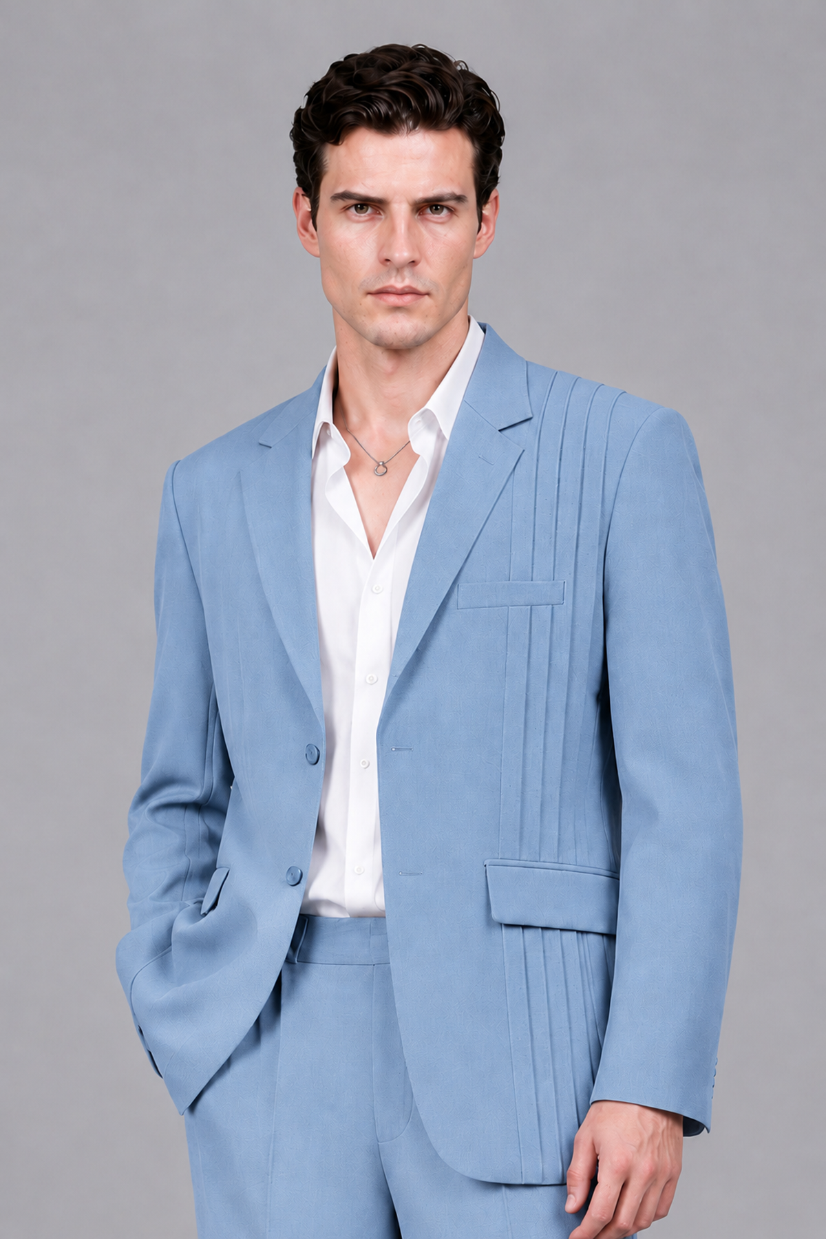 Savile Men's Light Blue Pleated 2-Piece Suit Set | Notch Lapel Blazer & Tailored Trousers - Light Blue - Light Blue_1