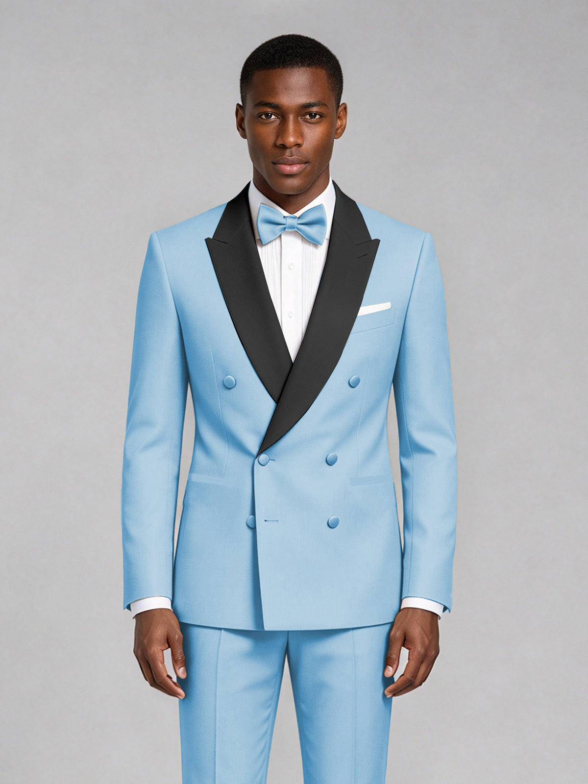 Men's Light Blue Double-Breasted Tuxedo Suit – Satin Shawl Lapel Light Blue-Tie Wedding & Gala 2-Piece Set - Light Blue