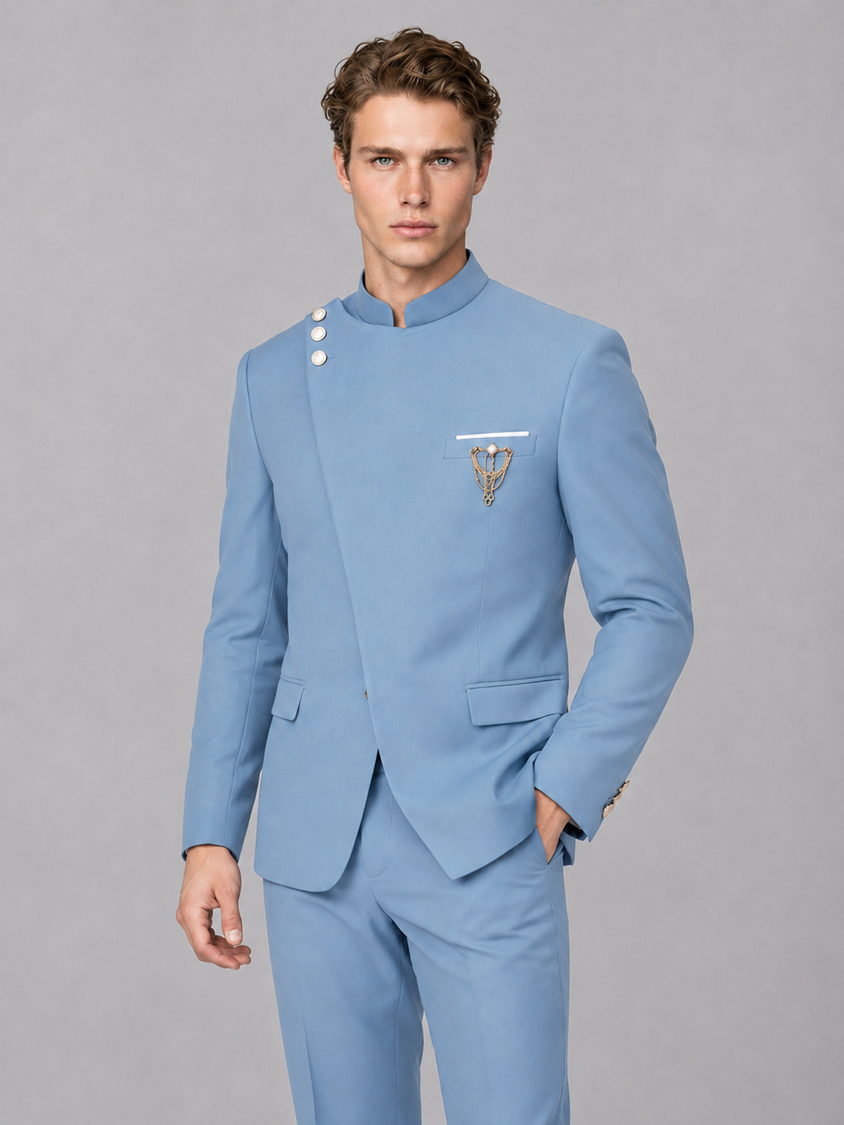 Savile Men's Light Blue Mandarin Collar Asymmetrical 2-Piece Suit Set – Modern Jacket & Trousers - Light Blue - Light Blue_1